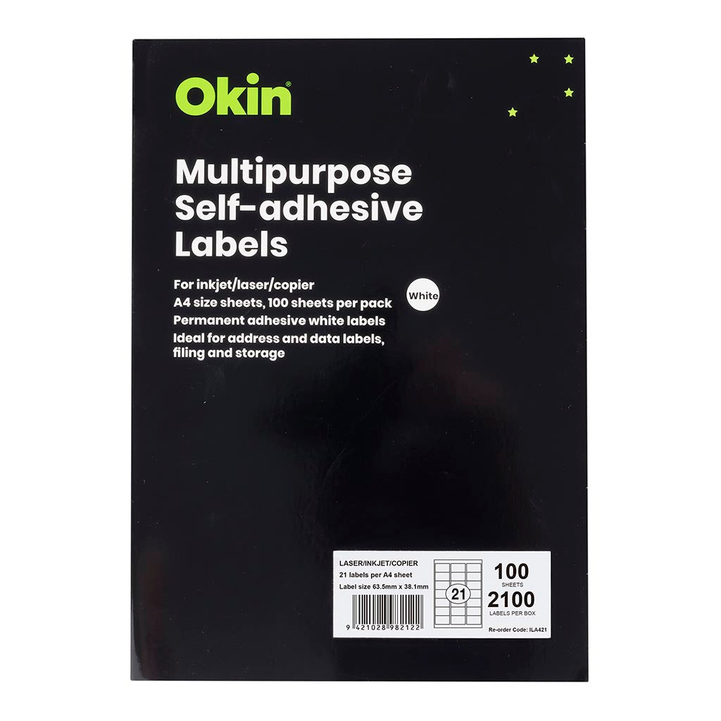 Okin Multipurpose Labels 21 Per Sheet 63.5x38.1mm, Pack of 100