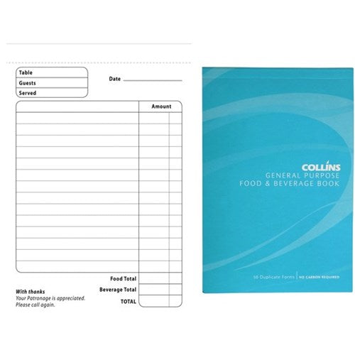Collins General Purpose Food & Beverage Duplicate 50 Leaf No Carbon Required 100mm x 148mm