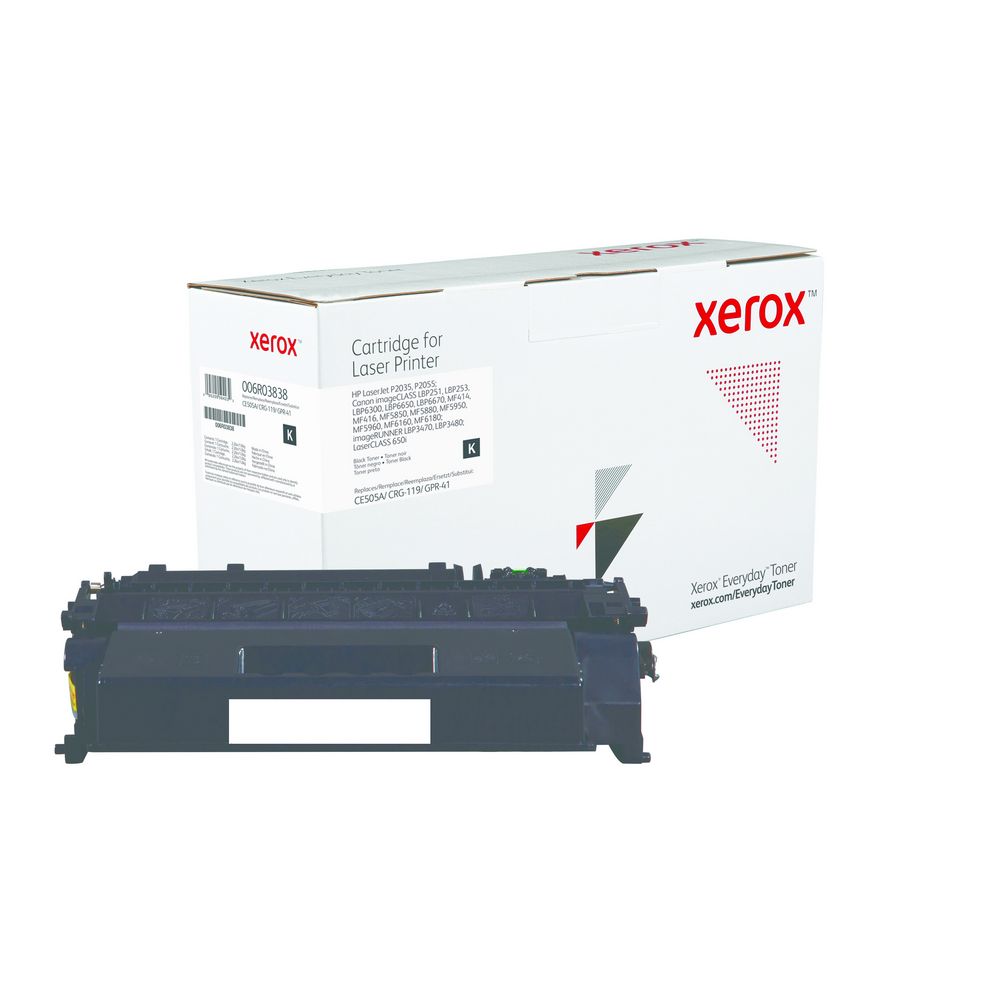 Black Standard Yield Everyday Toner from Xerox, replacement for HP CE505A, Canon CRG-119, GPR-41