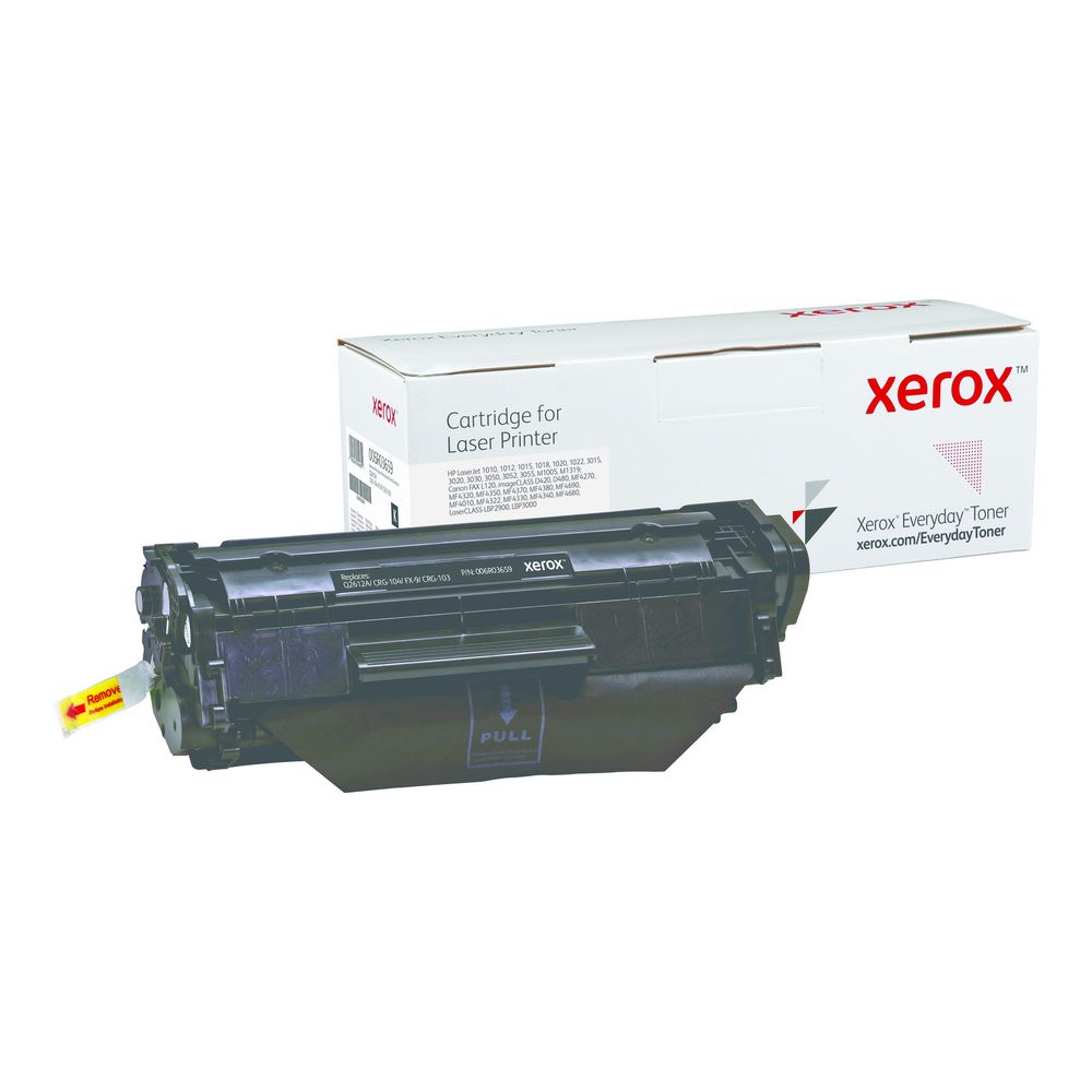Black Standard Yield Everyday Toner from Xerox, replacement for HP Q2612A, Canon CRG-104, FX-9, CRG-103