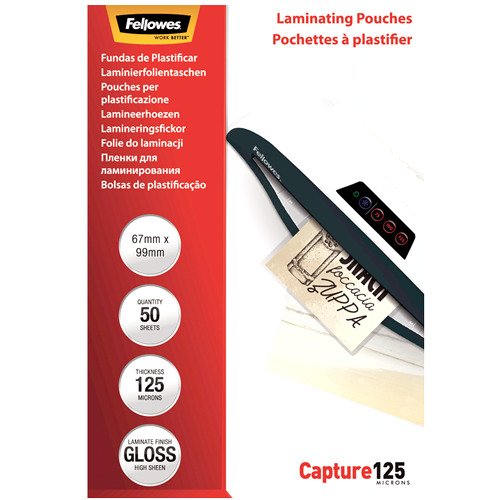Fellowes Laminating ID Pouches Glossy 67 x 99mm 125 Micron Pack 50 RING FOR AVAILABILITY
