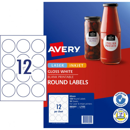 Avery Label L7105 Round White Glossy 60mm 12up 10 Sheets 980001 Avery Label L7105 Round White Glossy 60mm 12up 10 Sheets 980001