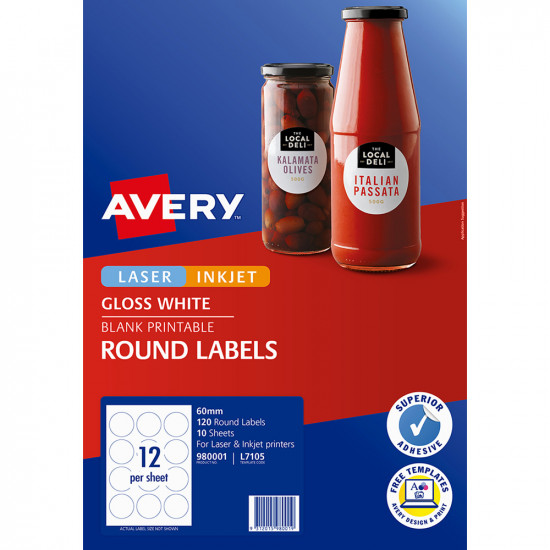 Avery Label L7105 Round White Glossy 60mm 12up 10 Sheets 980001 Avery Label L7105 Round White Glossy 60mm 12up 10 Sheets 980001