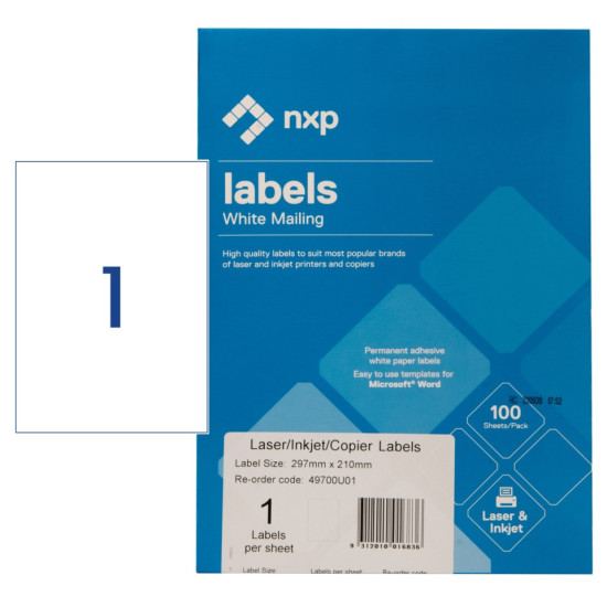 NXP Multi-Purpose Labels Laser Inkjet 210x297mm 1 Per Sheet 100 Labels NXP Multi-Purpose Labels Laser Inkjet 210x297mm 1 Per Sheet 100 Labels