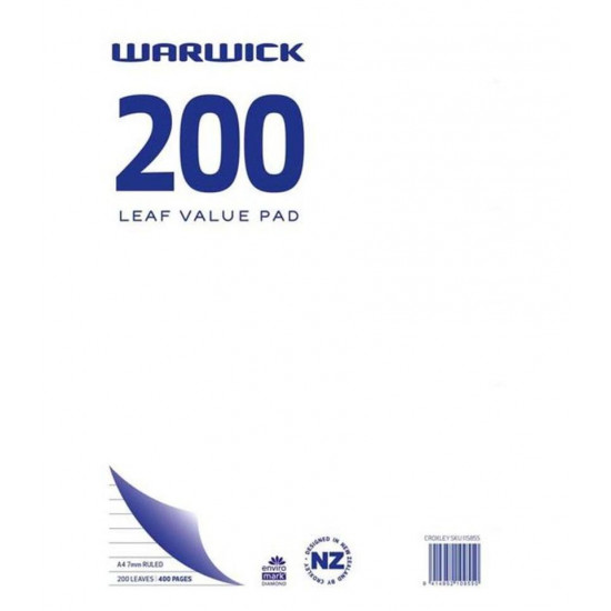 Warwick Writing Pad A4 200 Leaf Ruled 7mm Warwick Writing Pad A4 200 Leaf Ruled 7mm