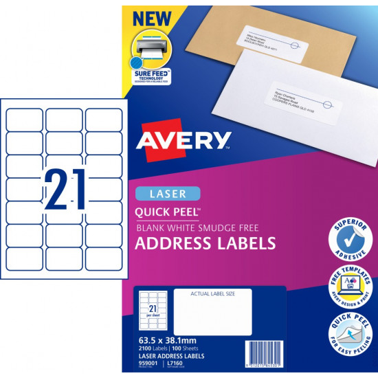 Avery Quick Peel Address Labels Sure Feed Laser Printers 63.5 x 38.1mm 2100 Labels (959001 / L7160) Avery Quick Peel Address Labels Sure Feed Laser Printers 63.5 x 38.1mm 2100 Labels (959001 / L7160)
