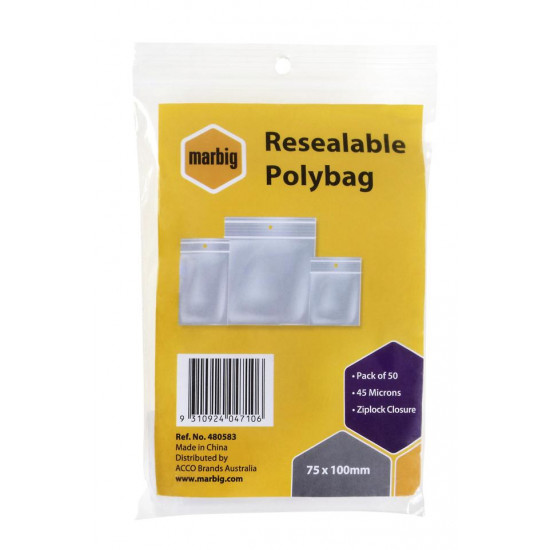 Marbig Resealable Polybag 75 x 100mm Ziplock Closure 45 Microns Pack 50 Marbig Resealable Polybag 75 x 100mm Ziplock Closure 45 Microns Pack 50