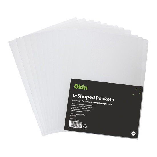 Okin L Shaped Pockets A4 Clear, Pack of 12 Okin L Shaped Pockets A4 Clear, Pack of 12