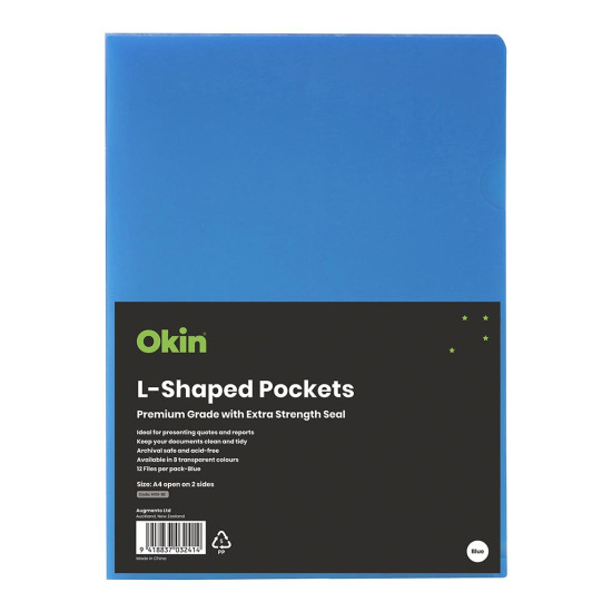 Okin L Shaped Pockets A4 Blue, Pack of 12 Okin L Shaped Pockets A4 Blue, Pack of 12