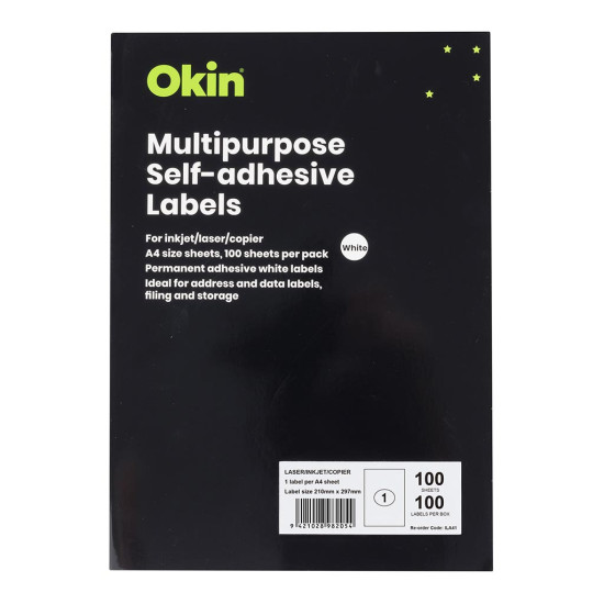 Okin Multipurpose Labels 1 Per Sheet 210x297mm, Pack of 100 Okin Multipurpose Labels 1 Per Sheet 210x297mm, Pack of 100