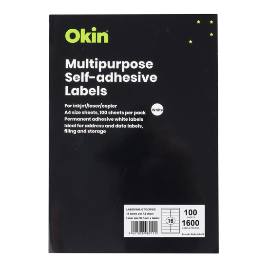 Okin Multipurpose Labels 16 Per Sheet 99.1x34mm, Pack of 100