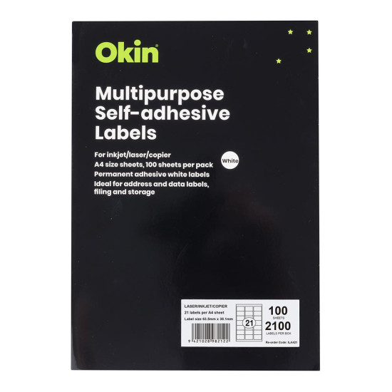 Okin Multipurpose Labels 14 Per Sheet 99.1x38.1mm, Pack of 100 Okin Multipurpose Labels 14 Per Sheet 99.1x38.1mm, Pack of 100
