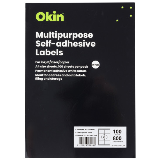 Okin Multipurpose Labels 8 Per Sheet 99.1x67.7mm, Pack of 100 Okin Multipurpose Labels 8 Per Sheet 99.1x67.7mm, Pack of 100