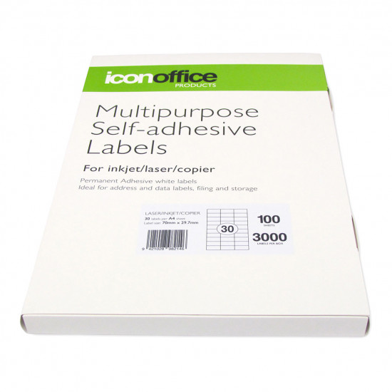BEST BUY  Icon A4 Multipurpose Adhesive Labels 30 Per Sheet 70 x 29.7mm, Pack of 100 Inkjet  / Laser / Copier 30up  BEST BUY  Icon A4 Multipurpose Adhesive Labels 30 Per Sheet 70 x 29.7mm, Pack of 100 Inkjet  / Laser / Copier 30up